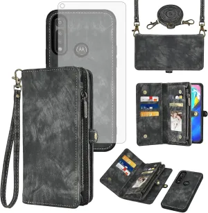 Asuwish Phone Case for Moto G Power 2020 Zipper Wallet Magnetic Detachable Cell Cover with Tempered Glass Screen Protector Crossbody Lanyard Strap Flip Card Holder Motorola GPower Women Girls Black