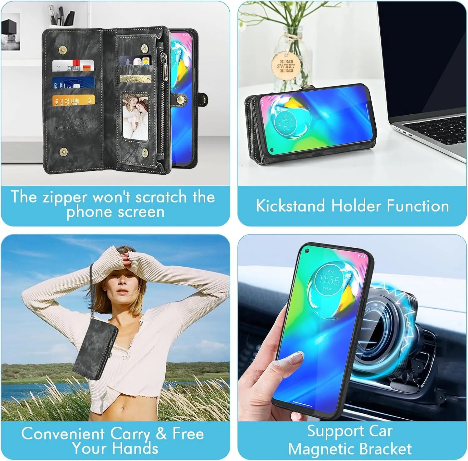 Asuwish Phone Case for Moto G Power 2020 Zipper Wallet Magnetic Detachable Cell Cover with Tempered Glass Screen Protector Crossbody Lanyard Strap Flip Card Holder Motorola GPower Women Girls Black