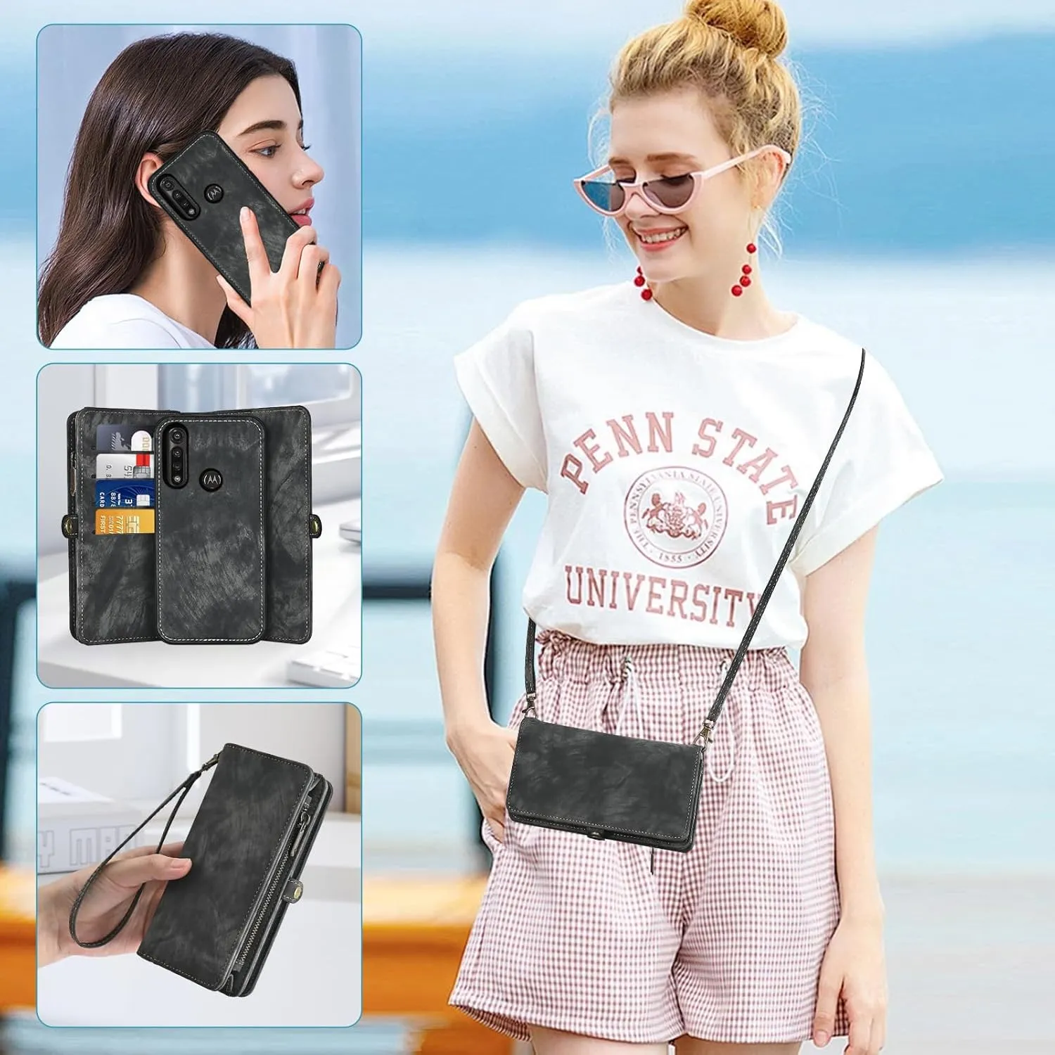 Asuwish Phone Case for Moto G Power 2020 Zipper Wallet Magnetic Detachable Cell Cover with Tempered Glass Screen Protector Crossbody Lanyard Strap Flip Card Holder Motorola GPower Women Girls Black