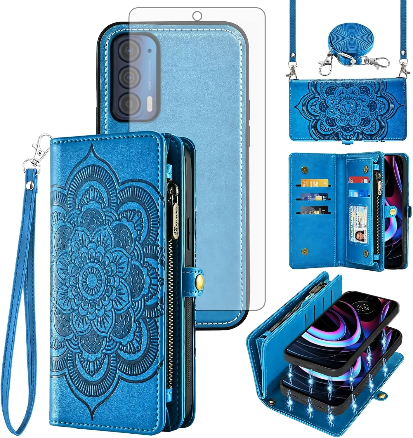 Asuwish Phone Case for Motorola Moto Edge 2021/MotoEdge 5G UW 2021 Zipper Wallet Detachable Cell Cover with Tempered Glass Screen Protector Crossbody Strap Flower Card Holder XT2141-1 Women Girls Blue