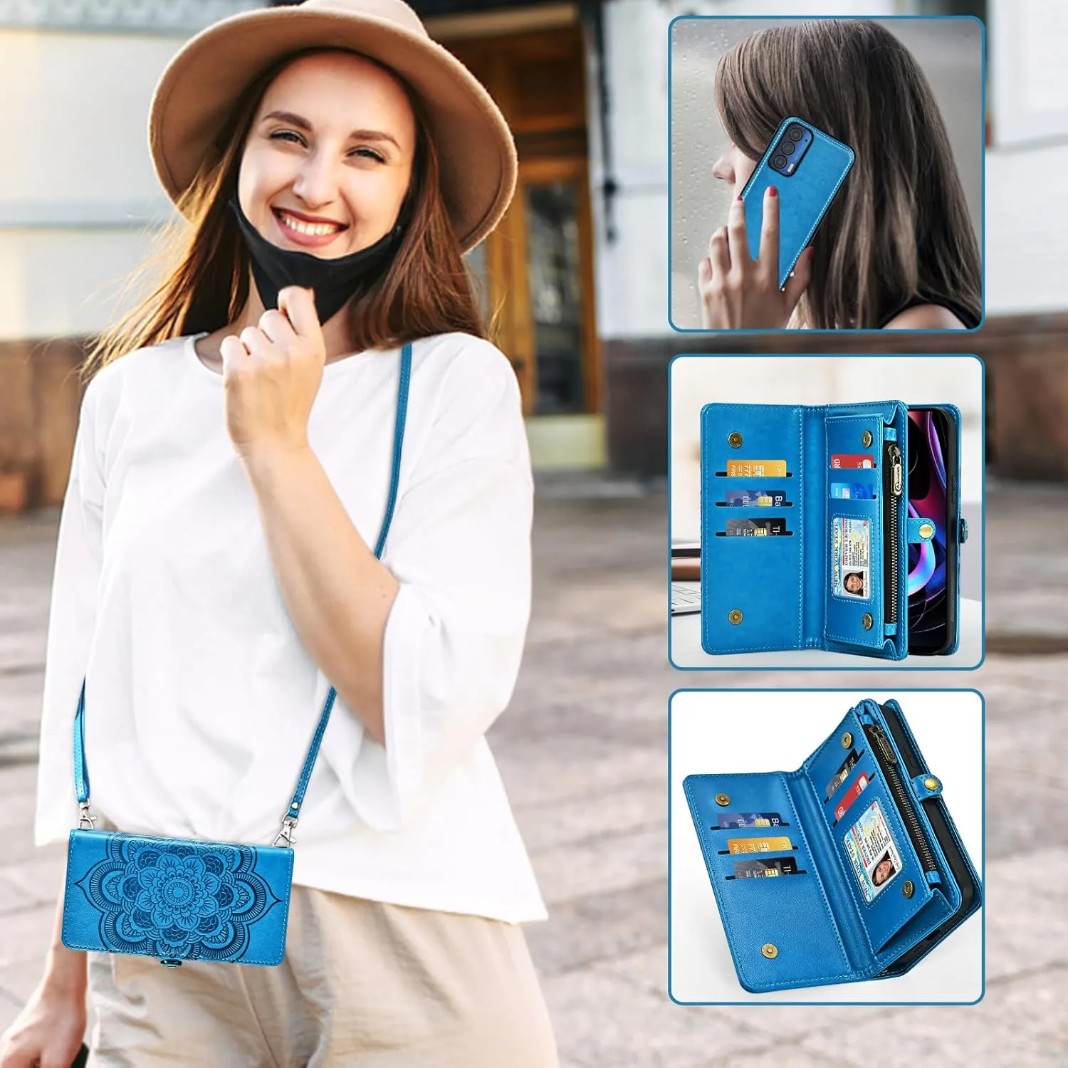 Asuwish Phone Case for Motorola Moto Edge 2021/MotoEdge 5G UW 2021 Zipper Wallet Detachable Cell Cover with Tempered Glass Screen Protector Crossbody Strap Flower Card Holder XT2141-1 Women Girls Blue
