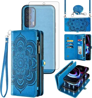 Asuwish Phone Case for Motorola Moto Edge 2021/MotoEdge 5G UW 2021 Zipper Wallet Detachable Cell Cover with Tempered Glass Screen Protector Crossbody Strap Flower Card Holder XT2141-1 Women Girls Blue