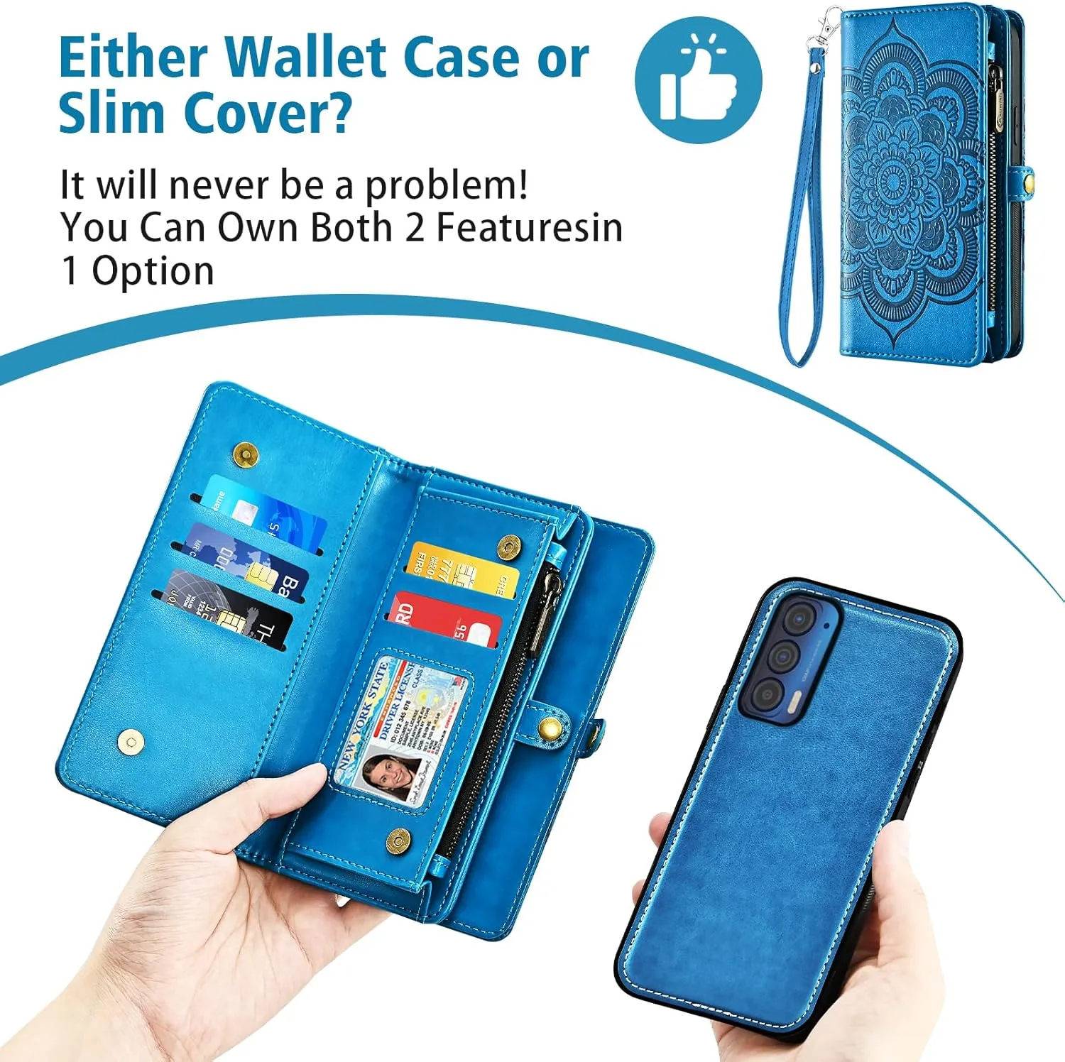 Asuwish Phone Case for Motorola Moto Edge 2021/MotoEdge 5G UW 2021 Zipper Wallet Detachable Cell Cover with Tempered Glass Screen Protector Crossbody Strap Flower Card Holder XT2141-1 Women Girls Blue