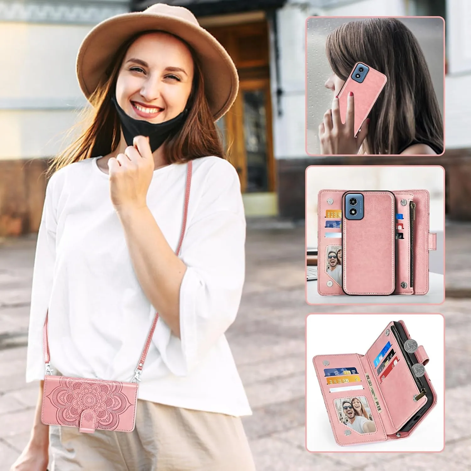 Asuwish Phone Case for Motorola Moto G Play 2024 4G Zipper Wallet Detachable Cell Cover with Tempered Glass Screen Protector Crossbody Strap Flower Card Holder XT2413V XT2413-1 64GB Women Rose Gold