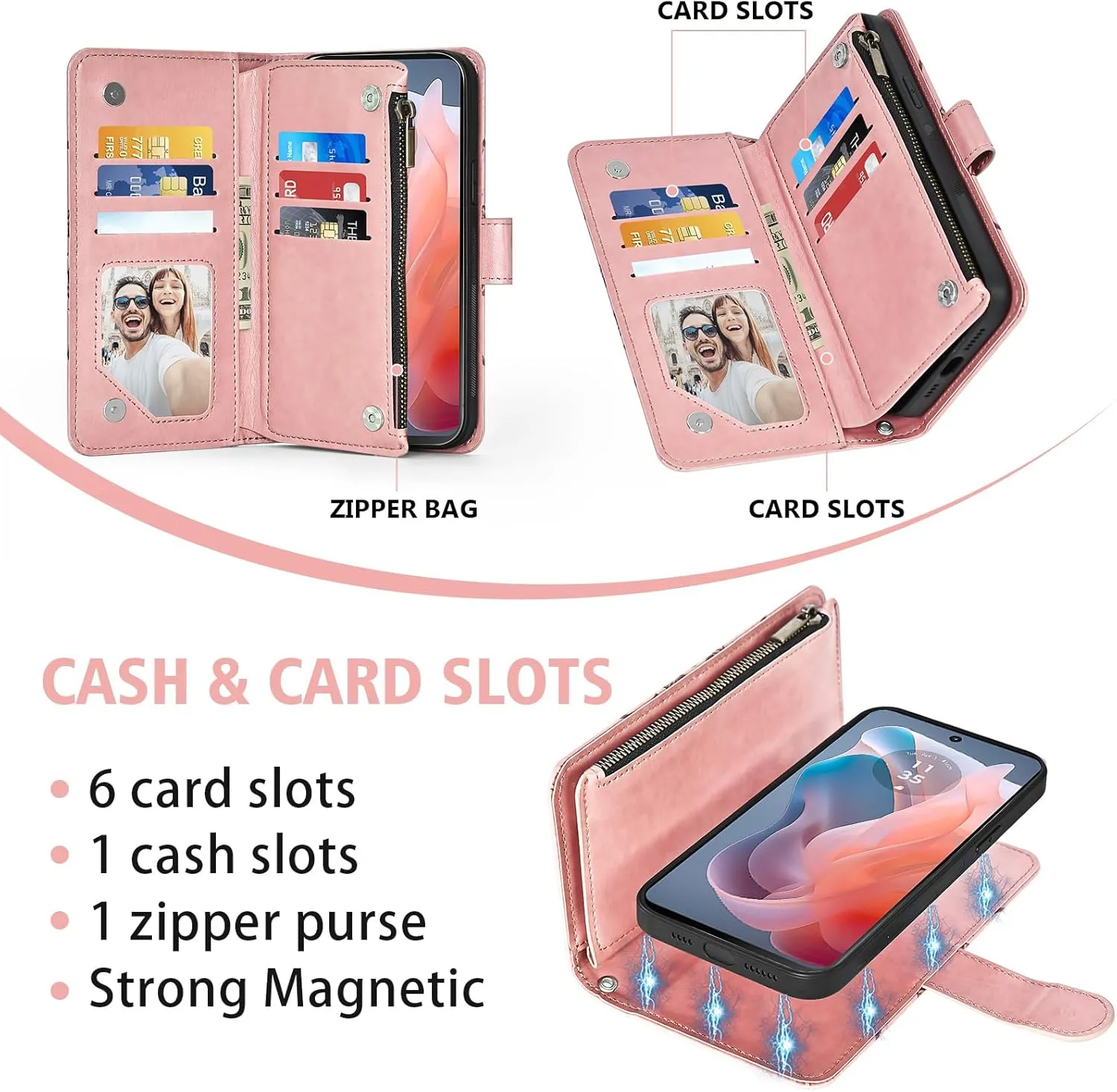 Asuwish Phone Case for Motorola Moto G Play 2024 4G Zipper Wallet Detachable Cell Cover with Tempered Glass Screen Protector Crossbody Strap Flower Card Holder XT2413V XT2413-1 64GB Women Rose Gold