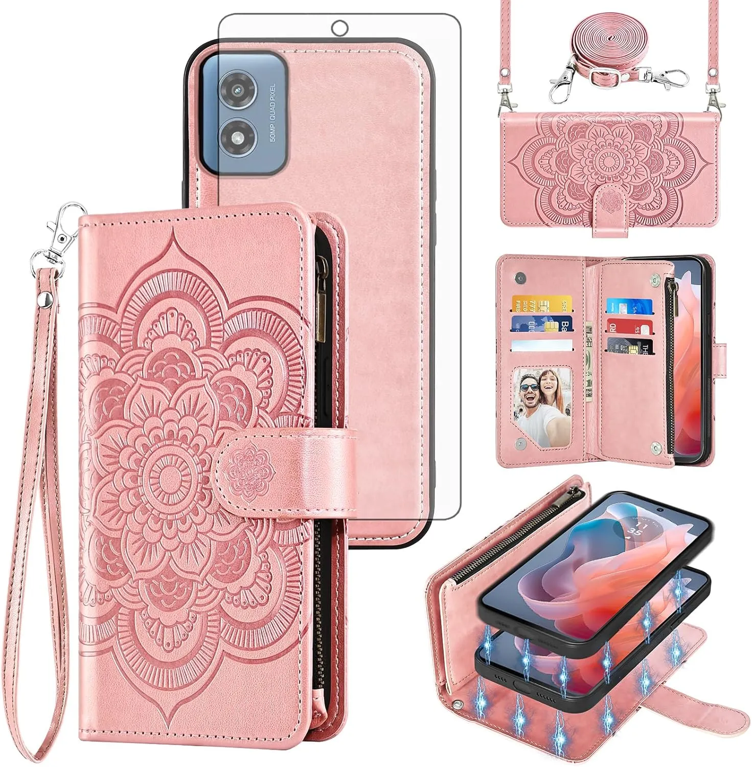 Asuwish Phone Case for Motorola Moto G Play 2024 4G Zipper Wallet Detachable Cell Cover with Tempered Glass Screen Protector Crossbody Strap Flower Card Holder XT2413V XT2413-1 64GB Women Rose Gold