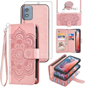 Asuwish Phone Case for Motorola Moto G Play 2024 4G Zipper Wallet Detachable Cell Cover with Tempered Glass Screen Protector Crossbody Strap Flower Card Holder XT2413V XT2413-1 64GB Women Rose Gold