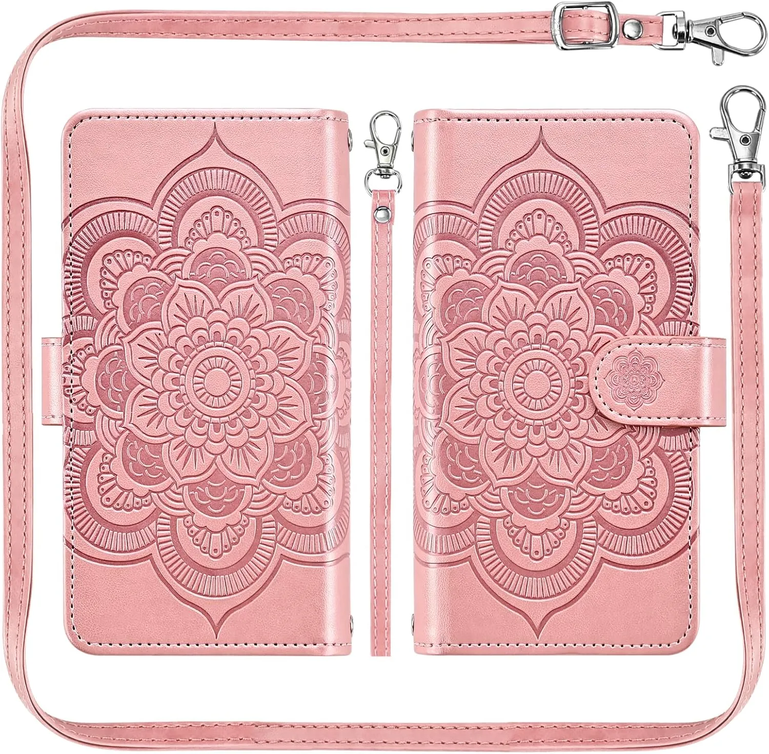 Asuwish Phone Case for Motorola Moto G Play 2024 4G Zipper Wallet Detachable Cell Cover with Tempered Glass Screen Protector Crossbody Strap Flower Card Holder XT2413V XT2413-1 64GB Women Rose Gold