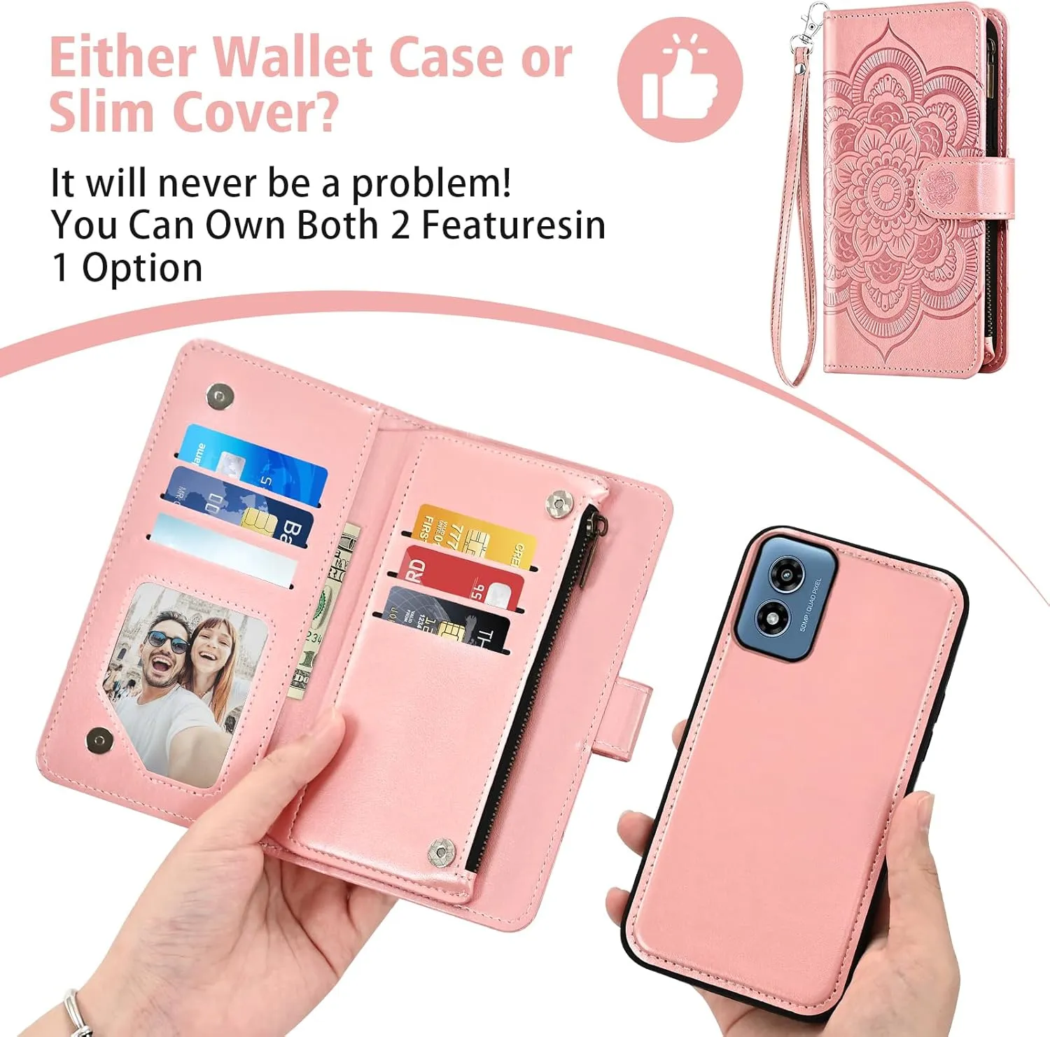 Asuwish Phone Case for Motorola Moto G Play 2024 4G Zipper Wallet Detachable Cell Cover with Tempered Glass Screen Protector Crossbody Strap Flower Card Holder XT2413V XT2413-1 64GB Women Rose Gold