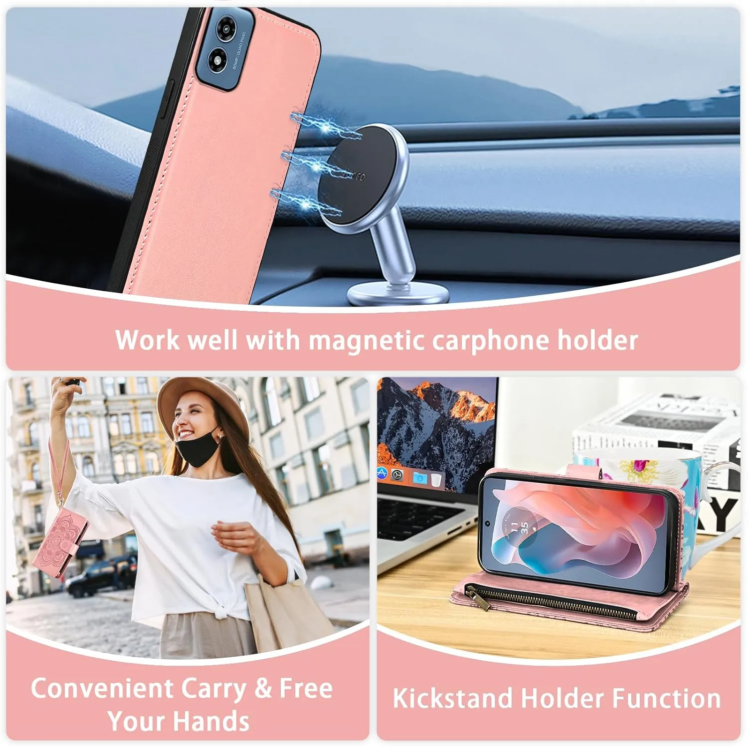 Asuwish Phone Case for Motorola Moto G Play 2024 4G Zipper Wallet Detachable Cell Cover with Tempered Glass Screen Protector Crossbody Strap Flower Card Holder XT2413V XT2413-1 64GB Women Rose Gold