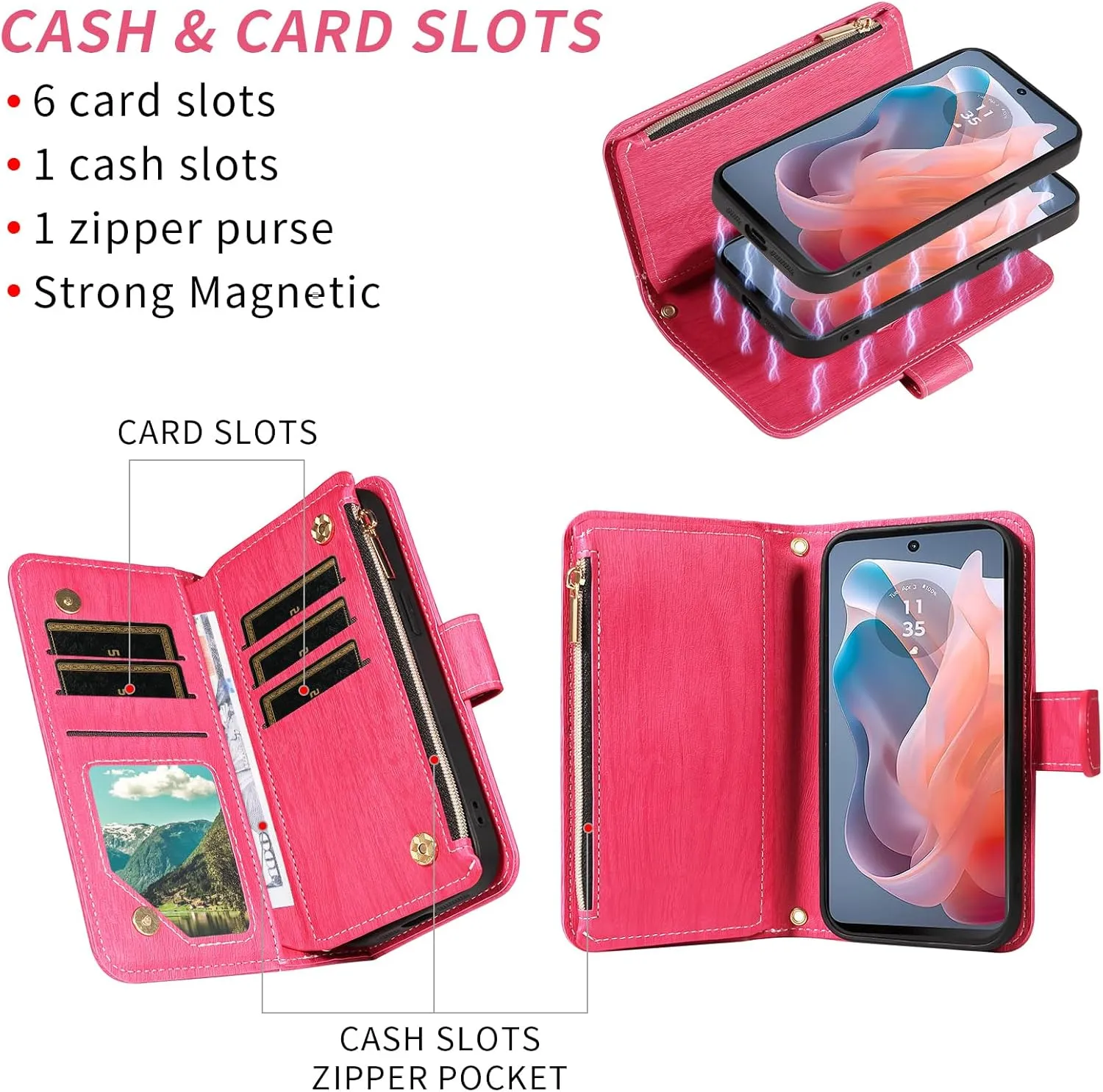 Asuwish Phone Case for Motorola Moto G Play 2024 4G Zipper Wallet Magnetic Detachable Cell Cover with Tempered Glass Screen Protector Crossbody Strap Card Holder XT2413V XT2413-1 64GB Women Rose Red
