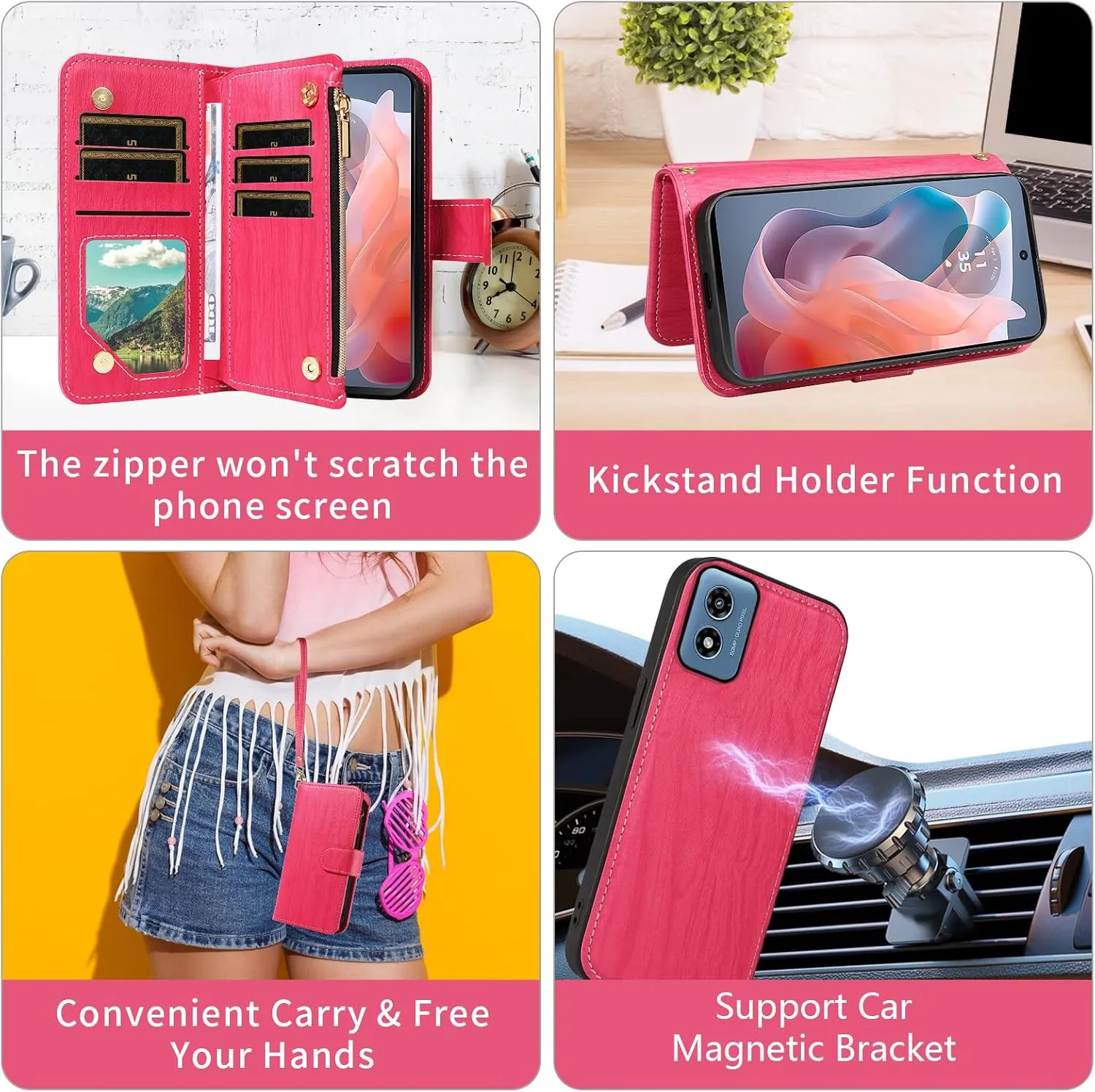 Asuwish Phone Case for Motorola Moto G Play 2024 4G Zipper Wallet Magnetic Detachable Cell Cover with Tempered Glass Screen Protector Crossbody Strap Card Holder XT2413V XT2413-1 64GB Women Rose Red