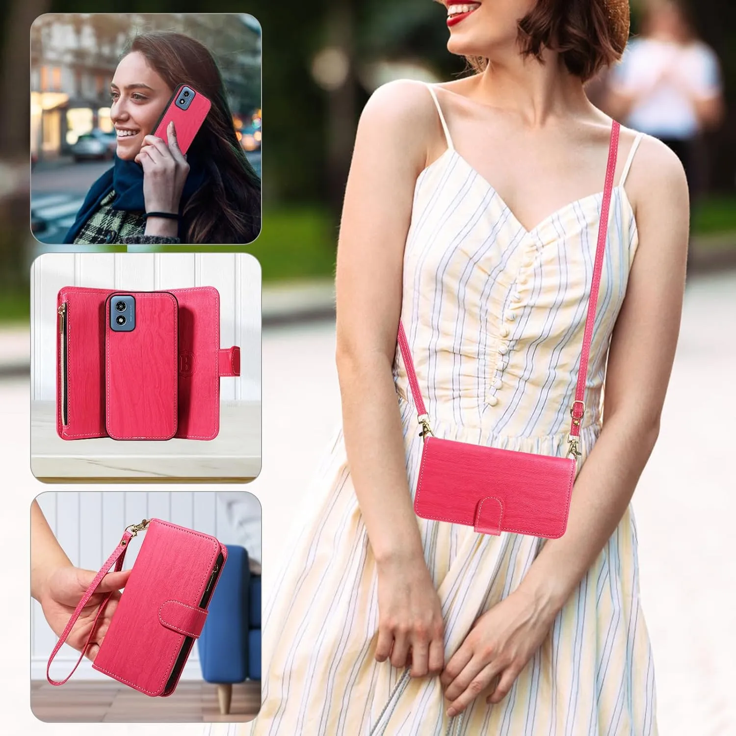 Asuwish Phone Case for Motorola Moto G Play 2024 4G Zipper Wallet Magnetic Detachable Cell Cover with Tempered Glass Screen Protector Crossbody Strap Card Holder XT2413V XT2413-1 64GB Women Rose Red