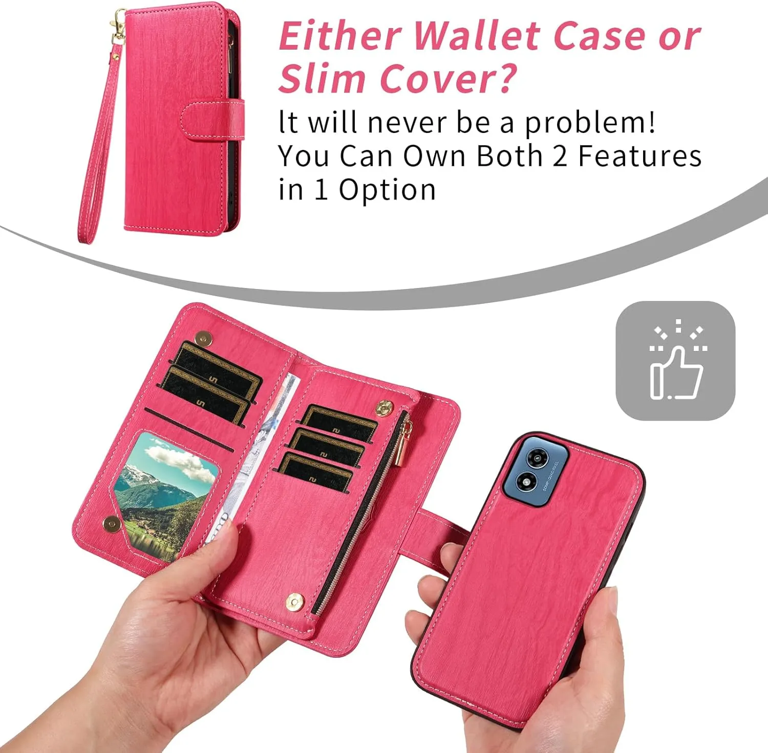 Asuwish Phone Case for Motorola Moto G Play 2024 4G Zipper Wallet Magnetic Detachable Cell Cover with Tempered Glass Screen Protector Crossbody Strap Card Holder XT2413V XT2413-1 64GB Women Rose Red