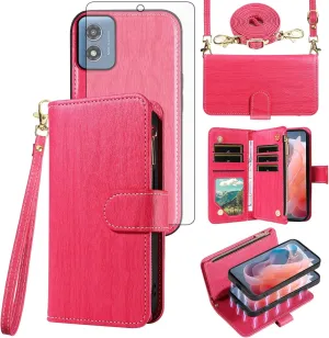 Asuwish Phone Case for Motorola Moto G Play 2024 4G Zipper Wallet Magnetic Detachable Cell Cover with Tempered Glass Screen Protector Crossbody Strap Card Holder XT2413V XT2413-1 64GB Women Rose Red