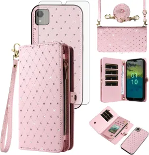 Asuwish Phone Case for Nokia C110 Zipper Wallet Detachable Cell Cover with Tempered Glass Screen Protector Crossbody Lanyard Strap Bling Glitter Flip Card Holder Slot C 110 4G N156DL Women Girls Pink