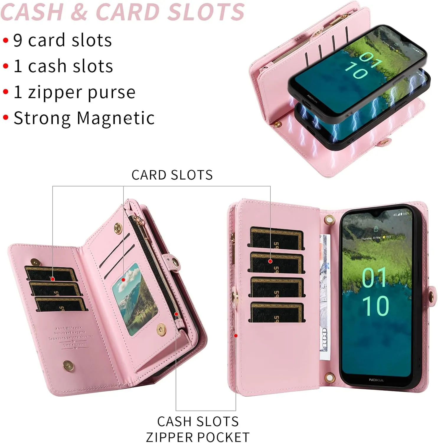 Asuwish Phone Case for Nokia C110 Zipper Wallet Detachable Cell Cover with Tempered Glass Screen Protector Crossbody Lanyard Strap Bling Glitter Flip Card Holder Slot C 110 4G N156DL Women Girls Pink