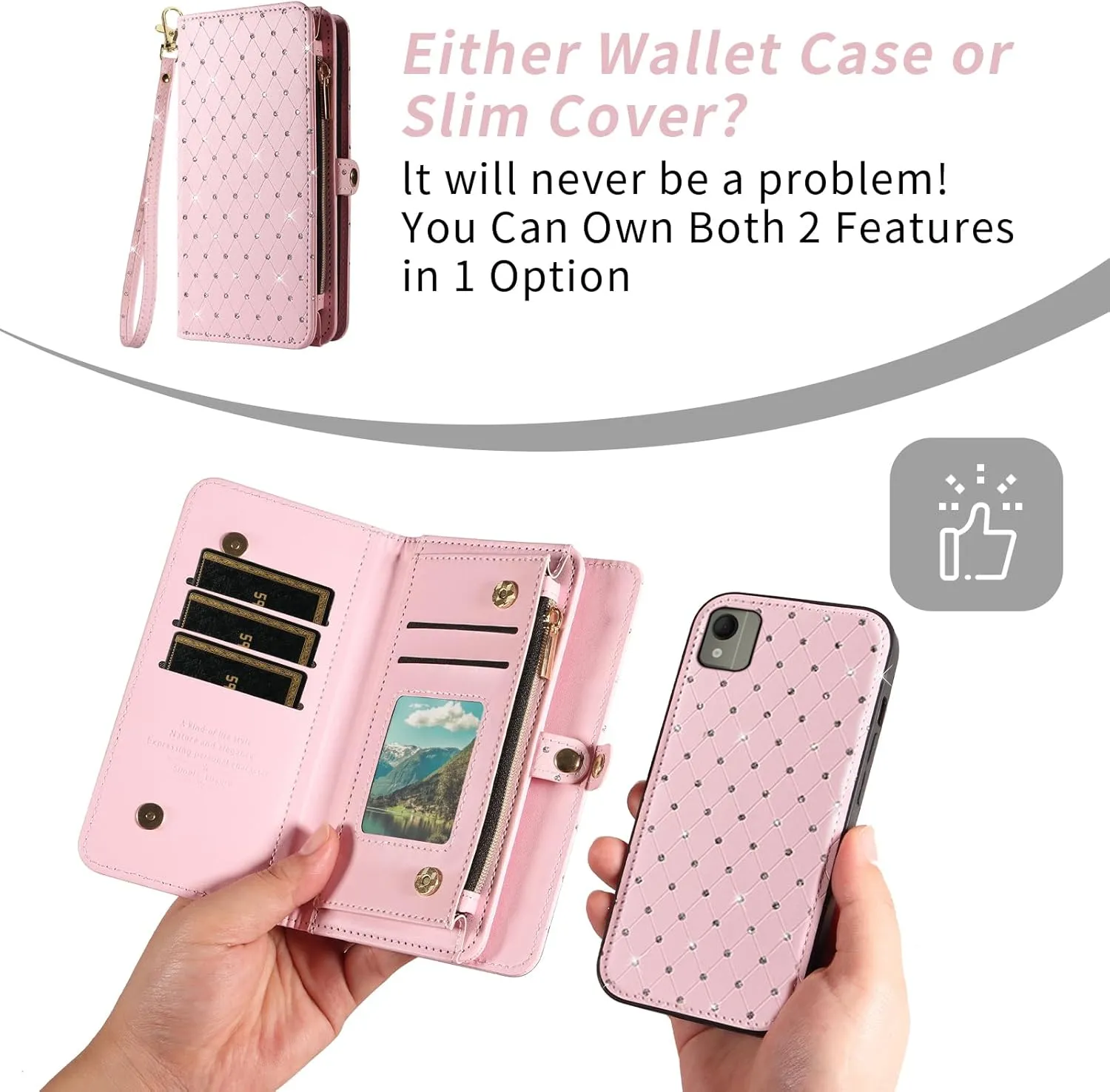 Asuwish Phone Case for Nokia C110 Zipper Wallet Detachable Cell Cover with Tempered Glass Screen Protector Crossbody Lanyard Strap Bling Glitter Flip Card Holder Slot C 110 4G N156DL Women Girls Pink