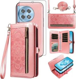 Asuwish Phone Case for OnePlus 12R 5G/Ace 3 2024 Zipper Wallet Magnetic Detachable Cell Cover with Tempered Glass Screen Protector Crossbody Strap Flower Card Holder One  12 R R12 Ace3 Women Rose Gold