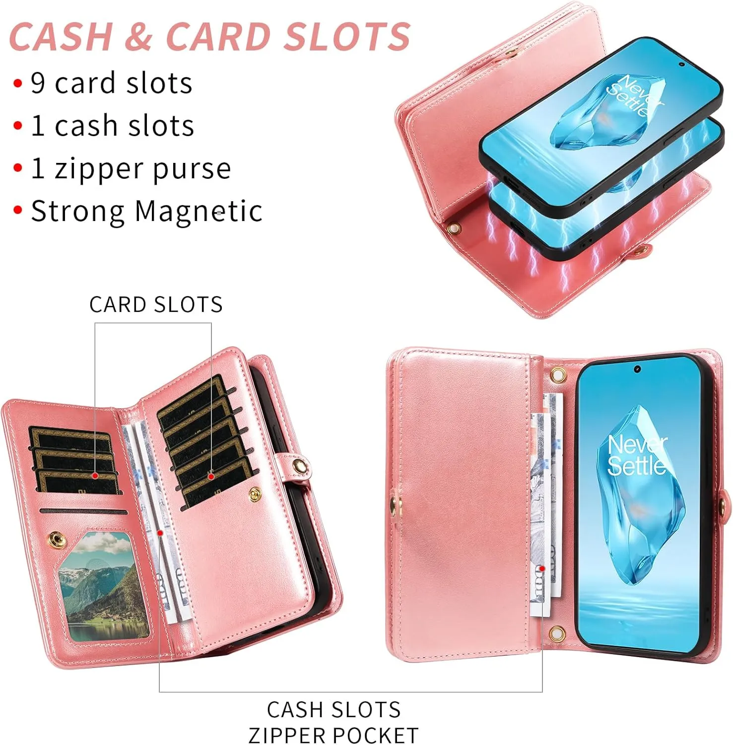 Asuwish Phone Case for OnePlus 12R 5G/Ace 3 2024 Zipper Wallet Magnetic Detachable Cell Cover with Tempered Glass Screen Protector Crossbody Strap Flower Card Holder One  12 R R12 Ace3 Women Rose Gold
