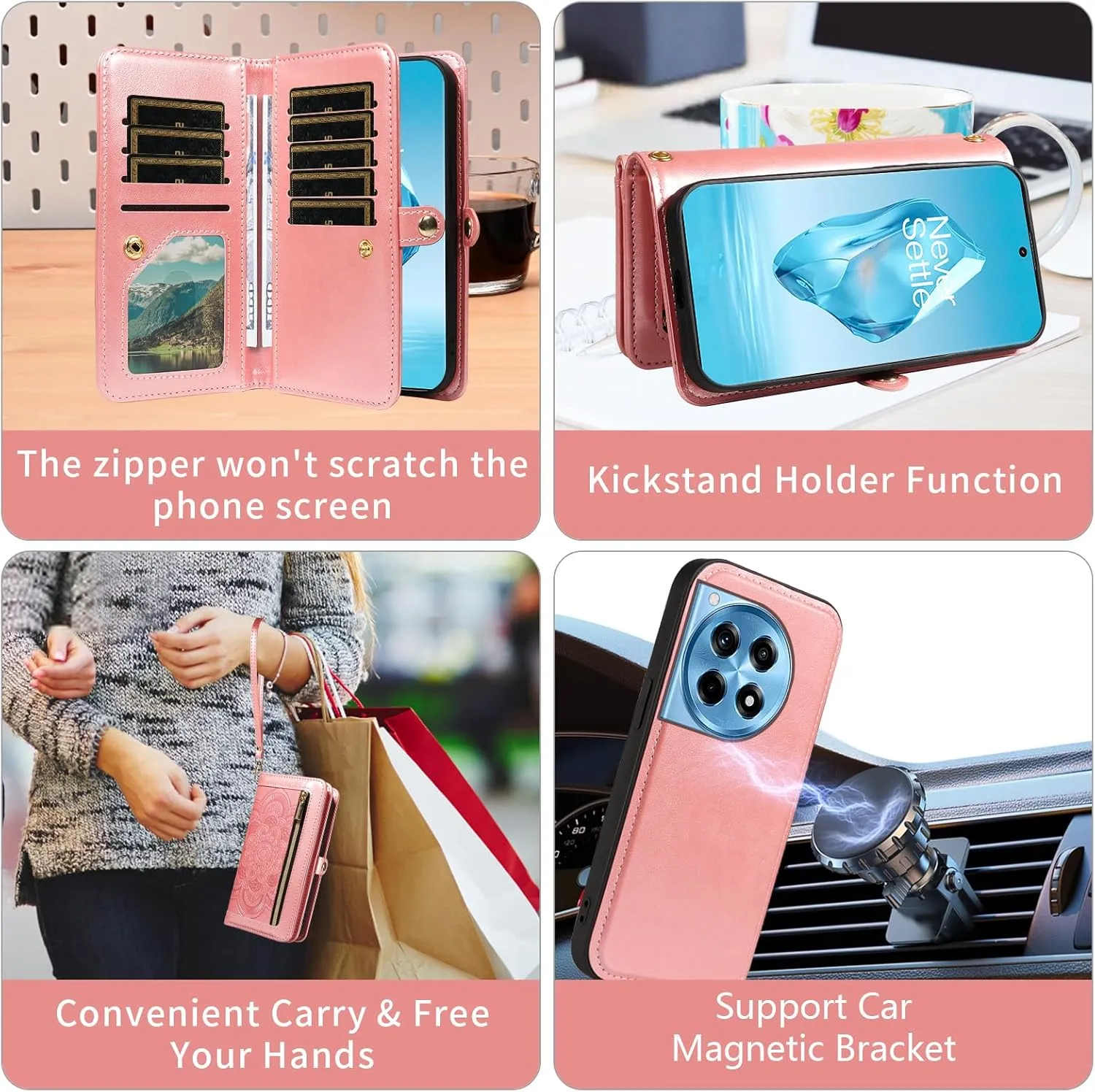 Asuwish Phone Case for OnePlus 12R 5G/Ace 3 2024 Zipper Wallet Magnetic Detachable Cell Cover with Tempered Glass Screen Protector Crossbody Strap Flower Card Holder One  12 R R12 Ace3 Women Rose Gold
