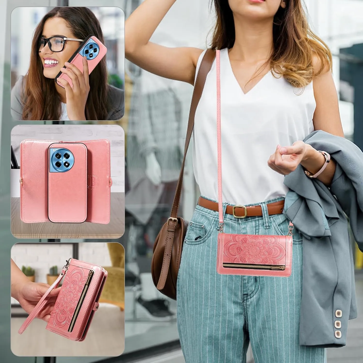 Asuwish Phone Case for OnePlus 12R 5G/Ace 3 2024 Zipper Wallet Magnetic Detachable Cell Cover with Tempered Glass Screen Protector Crossbody Strap Flower Card Holder One  12 R R12 Ace3 Women Rose Gold