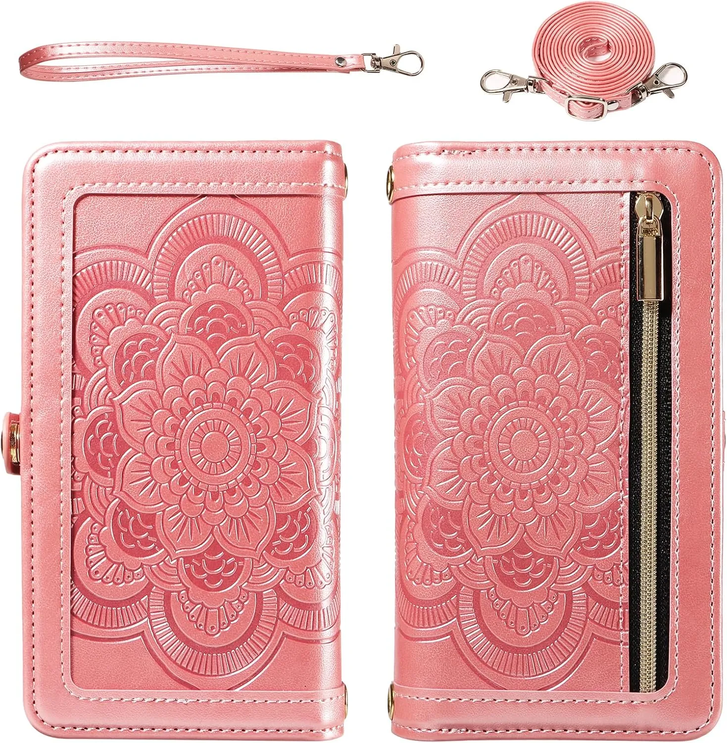 Asuwish Phone Case for OnePlus 12R 5G/Ace 3 2024 Zipper Wallet Magnetic Detachable Cell Cover with Tempered Glass Screen Protector Crossbody Strap Flower Card Holder One  12 R R12 Ace3 Women Rose Gold