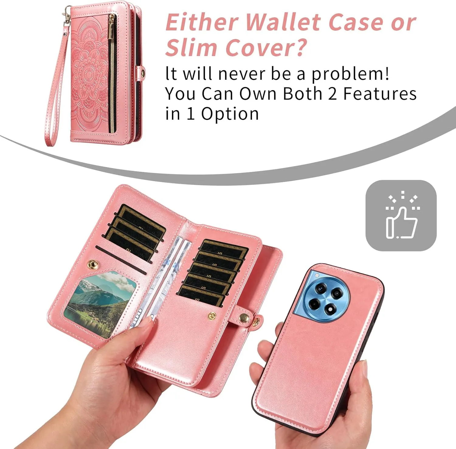 Asuwish Phone Case for OnePlus 12R 5G/Ace 3 2024 Zipper Wallet Magnetic Detachable Cell Cover with Tempered Glass Screen Protector Crossbody Strap Flower Card Holder One  12 R R12 Ace3 Women Rose Gold