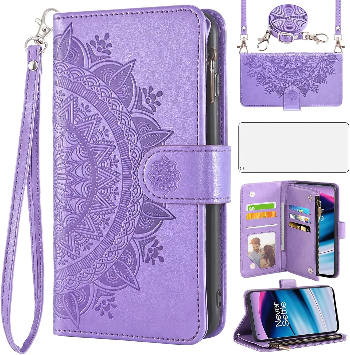 Asuwish Phone Case for OnePlus Nord N20 5G Wallet Cell Cover with Screen Protector Lanyard Wrist Strap Mandala Flower Zipper Card Holder One Plus N 20 G5 1 Plus 20N 1plus One  1  N205G Girls Purple