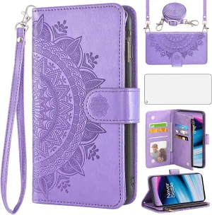 Asuwish Phone Case for OnePlus Nord N20 5G Wallet Cell Cover with Screen Protector Lanyard Wrist Strap Mandala Flower Zipper Card Holder One Plus N 20 G5 1 Plus 20N 1plus One  1  N205G Girls Purple