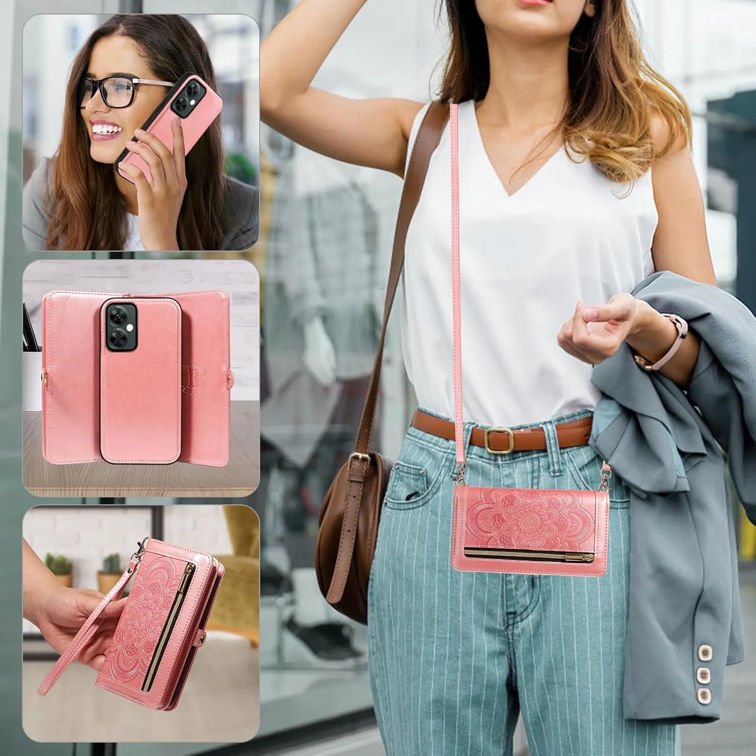 Asuwish Phone Case for OnePlus Nord N30 5G/CE 3 Lite Zipper Wallet Detachable Cell Cover with Tempered Glass Screen Protector Strap Flower Card Holder Oppo K11x/One Plus 1 1  N 30/CE3 Women Rose Gold