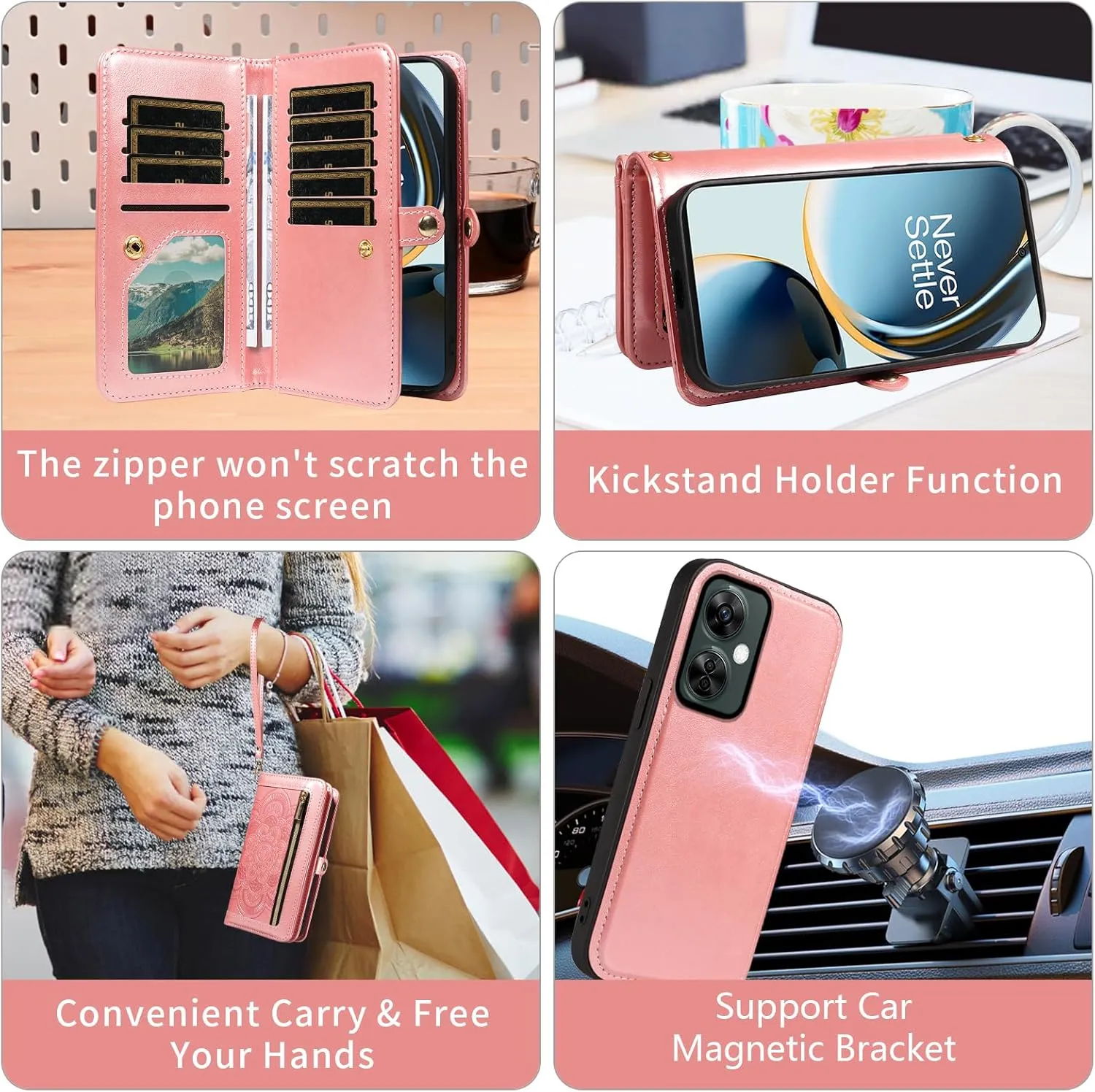 Asuwish Phone Case for OnePlus Nord N30 5G/CE 3 Lite Zipper Wallet Detachable Cell Cover with Tempered Glass Screen Protector Strap Flower Card Holder Oppo K11x/One Plus 1 1  N 30/CE3 Women Rose Gold