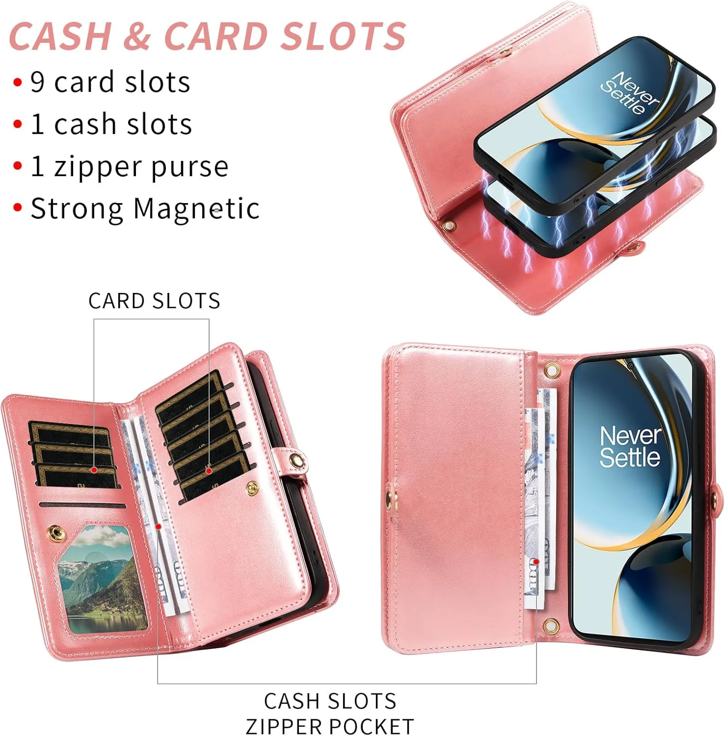 Asuwish Phone Case for OnePlus Nord N30 5G/CE 3 Lite Zipper Wallet Detachable Cell Cover with Tempered Glass Screen Protector Strap Flower Card Holder Oppo K11x/One Plus 1 1  N 30/CE3 Women Rose Gold