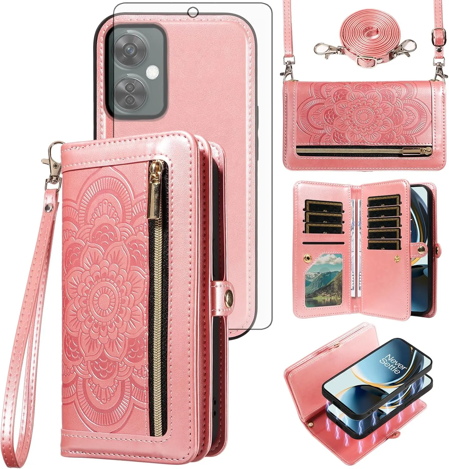 Asuwish Phone Case for OnePlus Nord N30 5G/CE 3 Lite Zipper Wallet Detachable Cell Cover with Tempered Glass Screen Protector Strap Flower Card Holder Oppo K11x/One Plus 1 1  N 30/CE3 Women Rose Gold