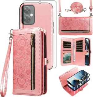 Asuwish Phone Case for OnePlus Nord N30 5G/CE 3 Lite Zipper Wallet Detachable Cell Cover with Tempered Glass Screen Protector Strap Flower Card Holder Oppo K11x/One Plus 1 1  N 30/CE3 Women Rose Gold