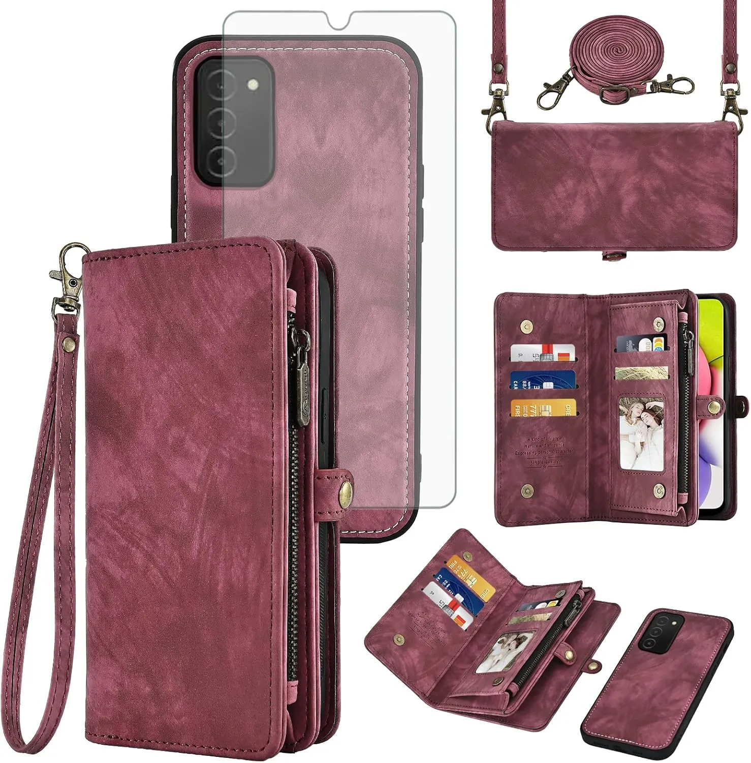 Asuwish Phone Case for Samsung Galaxy A03s US Version 5G 2022 Zipper Wallet Detachable Cell Cover with Tempered Glass Screen Protector Strap Flip Card Holder Ao3s A 03s SM-A037U SM A037U Women Men Red