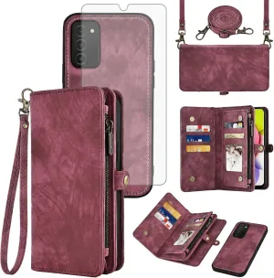 Asuwish Phone Case for Samsung Galaxy A03s US Version 5G 2022 Zipper Wallet Detachable Cell Cover with Tempered Glass Screen Protector Strap Flip Card Holder Ao3s A 03s SM-A037U SM A037U Women Men Red