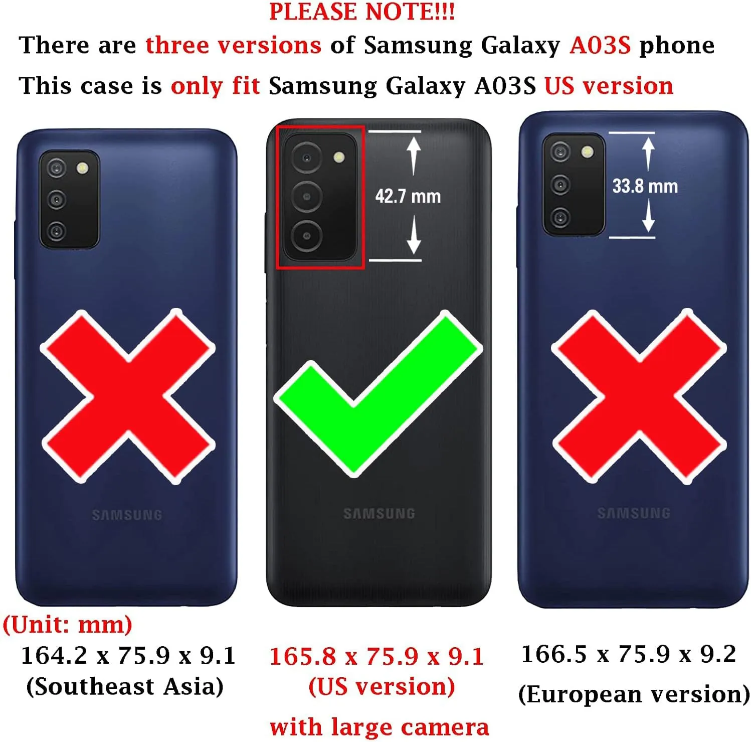 Asuwish Phone Case for Samsung Galaxy A03s US Version 5G 2022 Zipper Wallet Detachable Cell Cover with Tempered Glass Screen Protector Strap Flip Card Holder Ao3s A 03s SM-A037U SM A037U Women Men Red