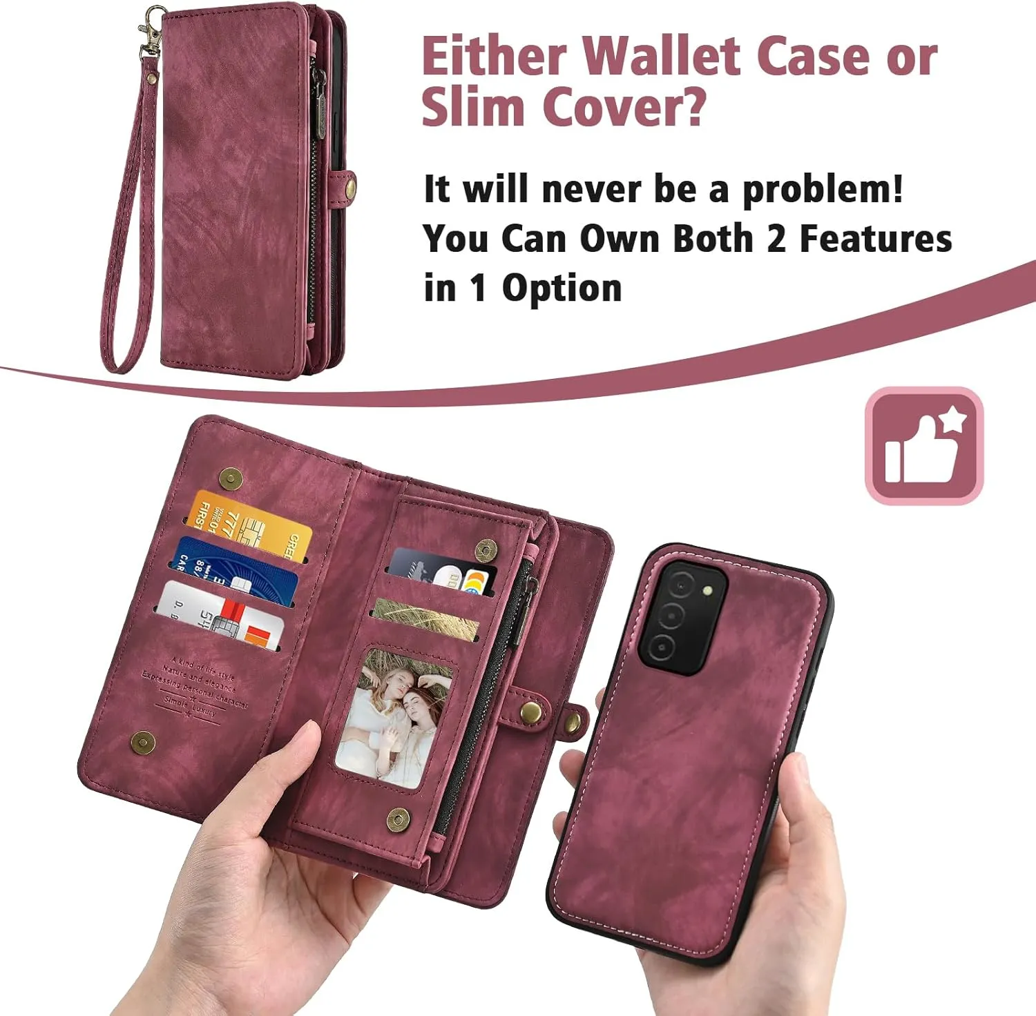 Asuwish Phone Case for Samsung Galaxy A03s US Version 5G 2022 Zipper Wallet Detachable Cell Cover with Tempered Glass Screen Protector Strap Flip Card Holder Ao3s A 03s SM-A037U SM A037U Women Men Red