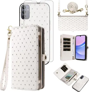 Asuwish Phone Case for Samsung Galaxy A15 5G/4G Zipper Wallet Detachable Cell Cover with Tempered Glass Screen Protector Crossbody Lanyard Strap Glitter Flip Card Holder Slot A 15 G5 15A Women White