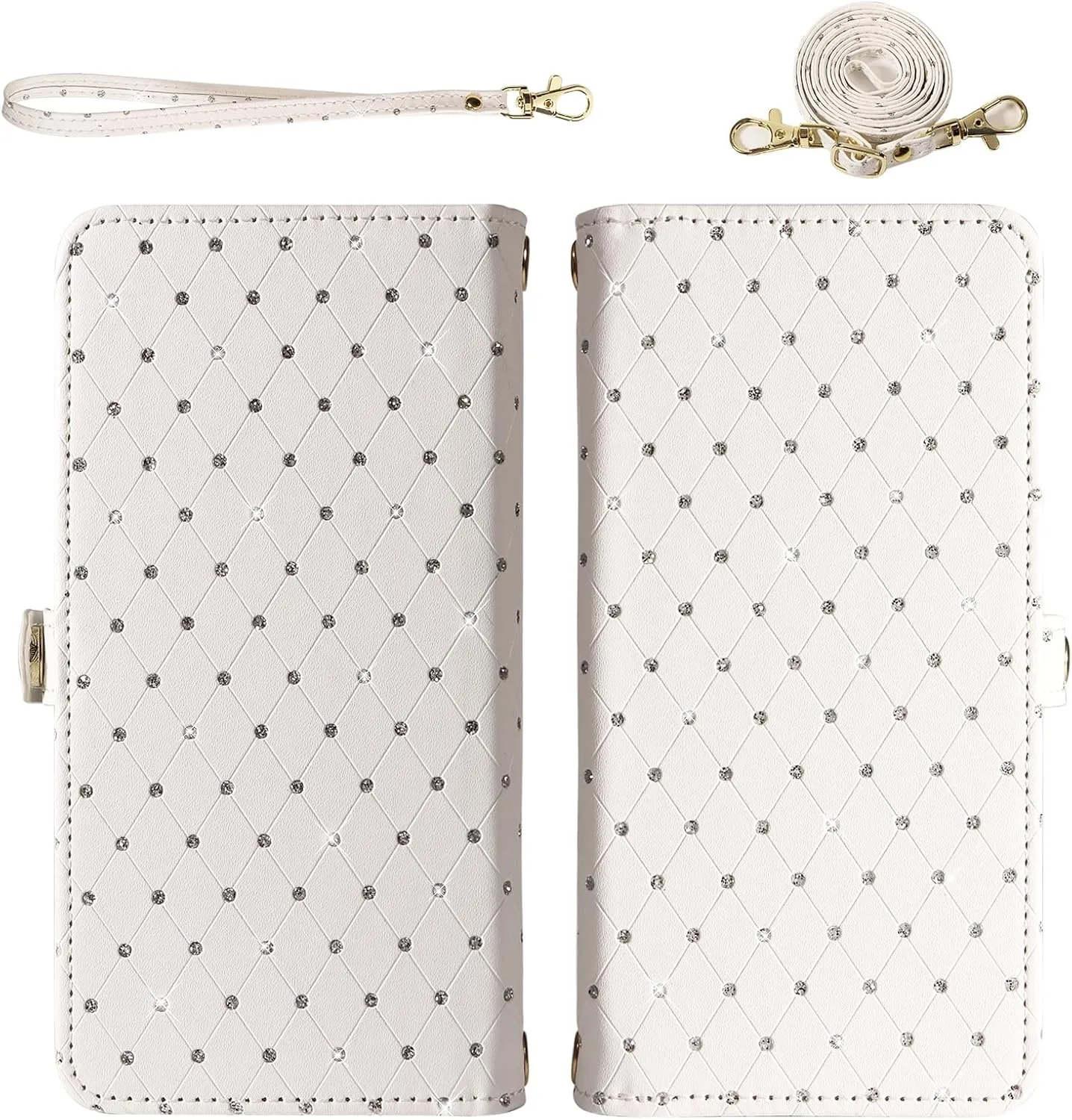 Asuwish Phone Case for Samsung Galaxy A15 5G/4G Zipper Wallet Detachable Cell Cover with Tempered Glass Screen Protector Crossbody Lanyard Strap Glitter Flip Card Holder Slot A 15 G5 15A Women White