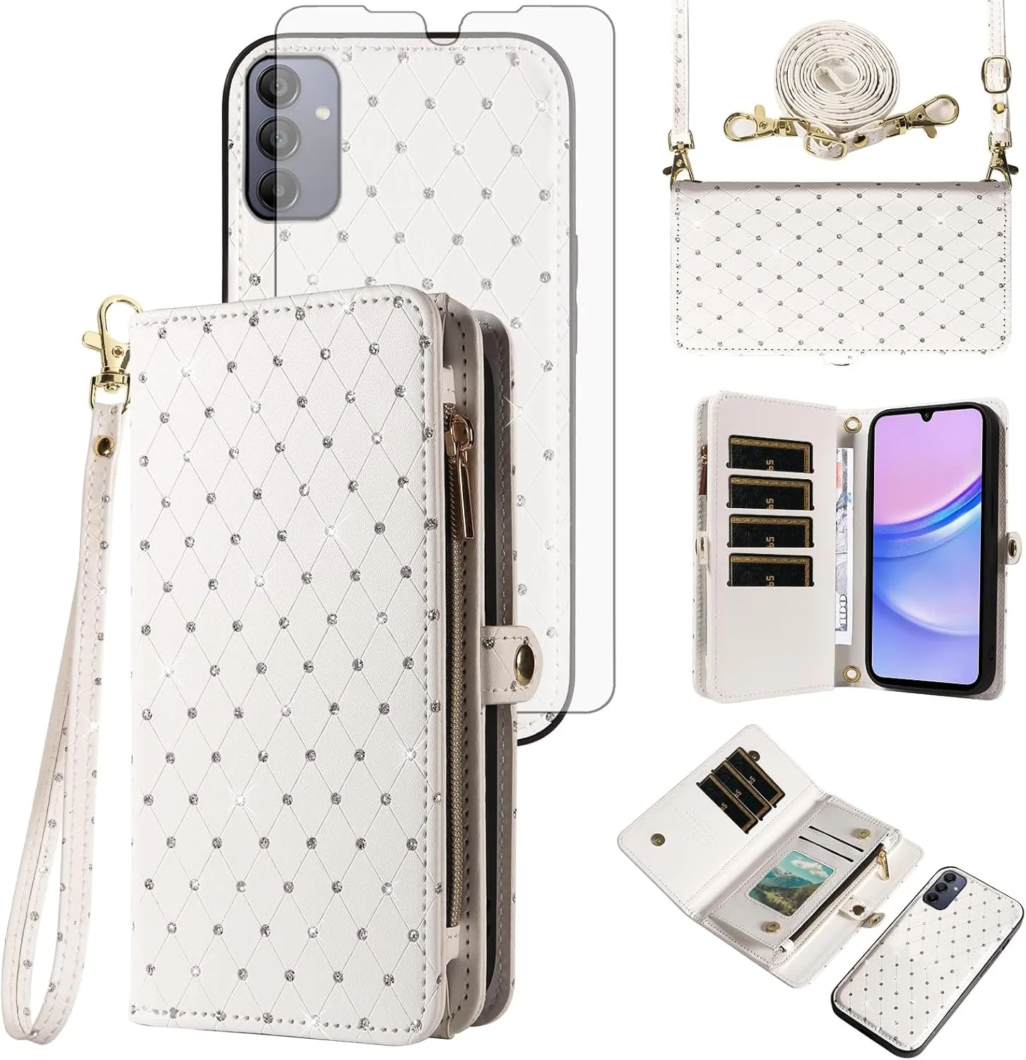 Asuwish Phone Case for Samsung Galaxy A15 5G/4G Zipper Wallet Detachable Cell Cover with Tempered Glass Screen Protector Crossbody Lanyard Strap Glitter Flip Card Holder Slot A 15 G5 15A Women White