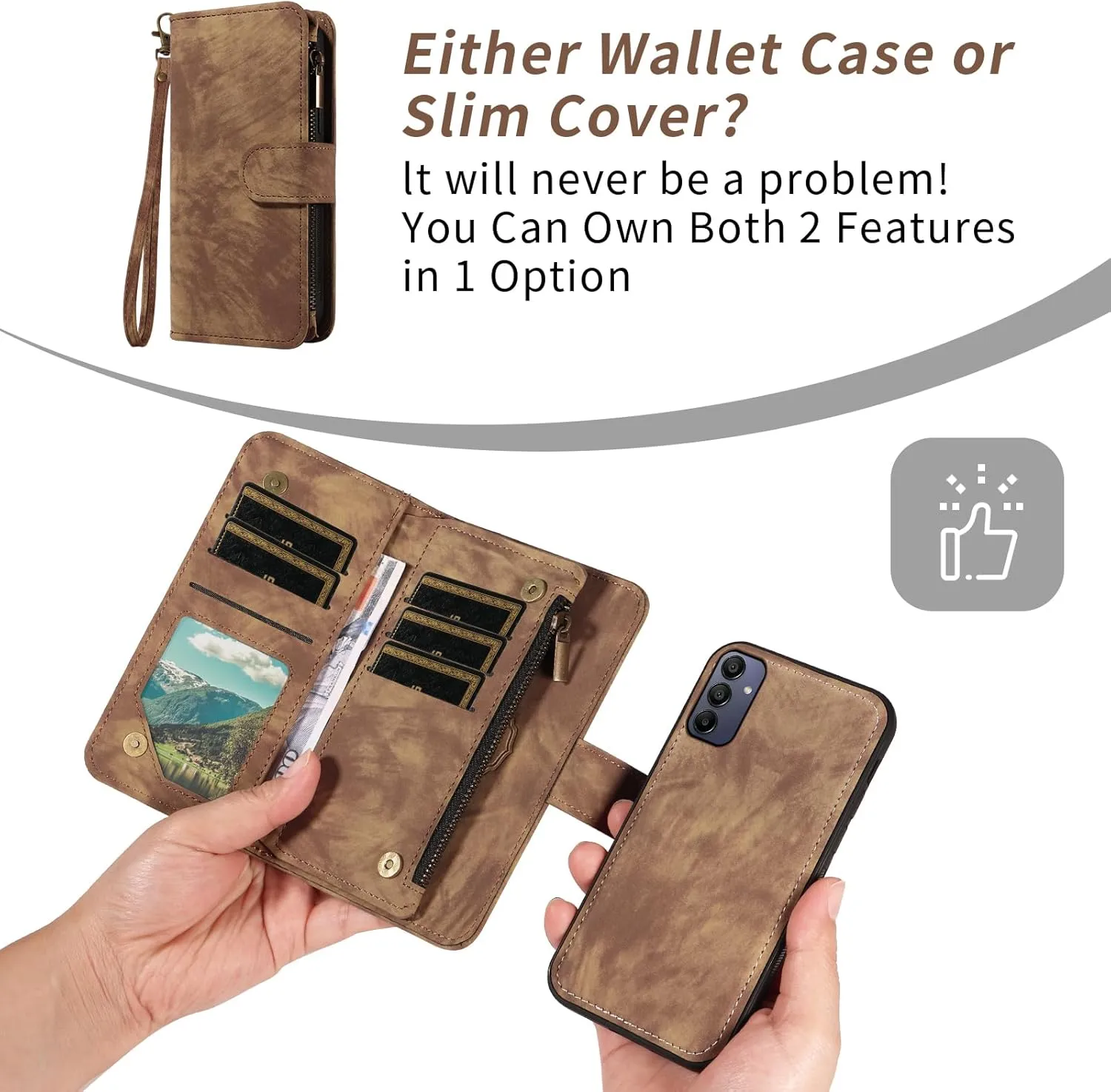 Asuwish Phone Case for Samsung Galaxy A15 5G/4G Zipper Wallet Magnetic Cell Cover with Tempered Glass Screen Protector Crossbody Wrist Strap Flip Credit Card Holder Slot A 15 G5 15A Women Girls Brown