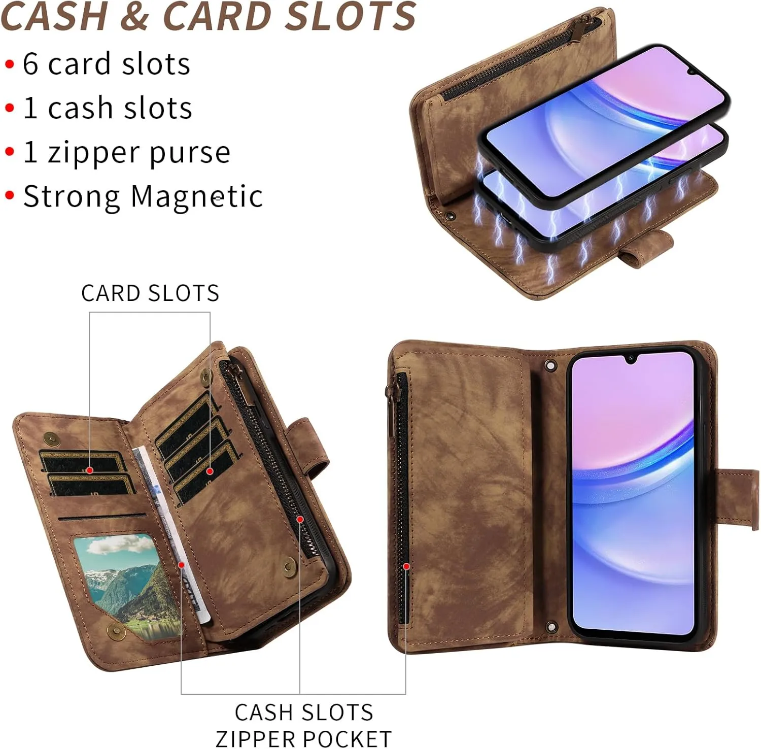 Asuwish Phone Case for Samsung Galaxy A15 5G/4G Zipper Wallet Magnetic Cell Cover with Tempered Glass Screen Protector Crossbody Wrist Strap Flip Credit Card Holder Slot A 15 G5 15A Women Girls Brown