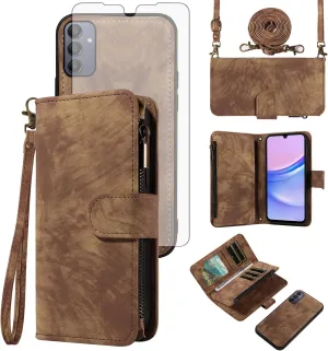 Asuwish Phone Case for Samsung Galaxy A15 5G/4G Zipper Wallet Magnetic Cell Cover with Tempered Glass Screen Protector Crossbody Wrist Strap Flip Credit Card Holder Slot A 15 G5 15A Women Girls Brown