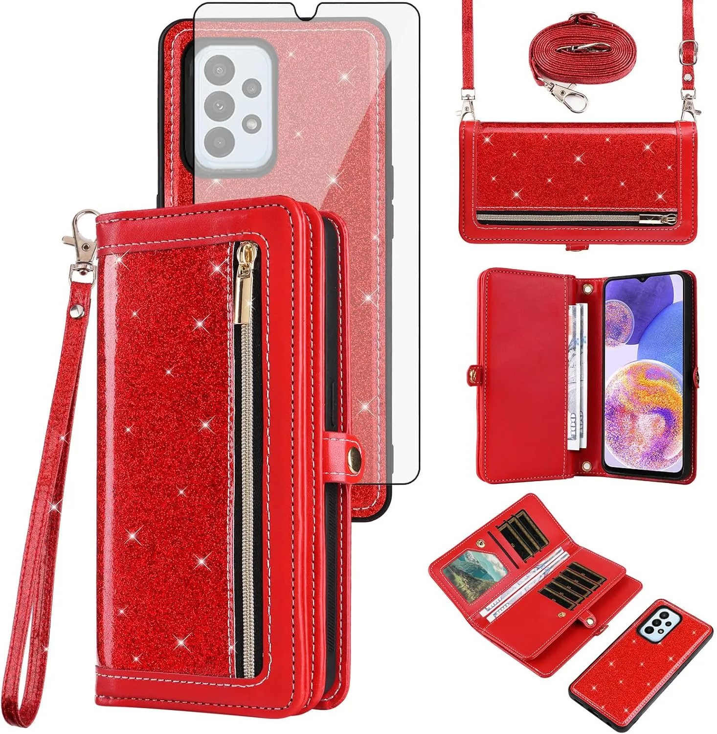 Asuwish Phone Case for Samsung Galaxy A23 5G/4G Zipper Wallet Detachable Cell Cover with Tempered Glass Screen Protector Crossbody Lanyard Strap Bling Glitter Flip Card Holder A 23 23A 6.6 Women Red