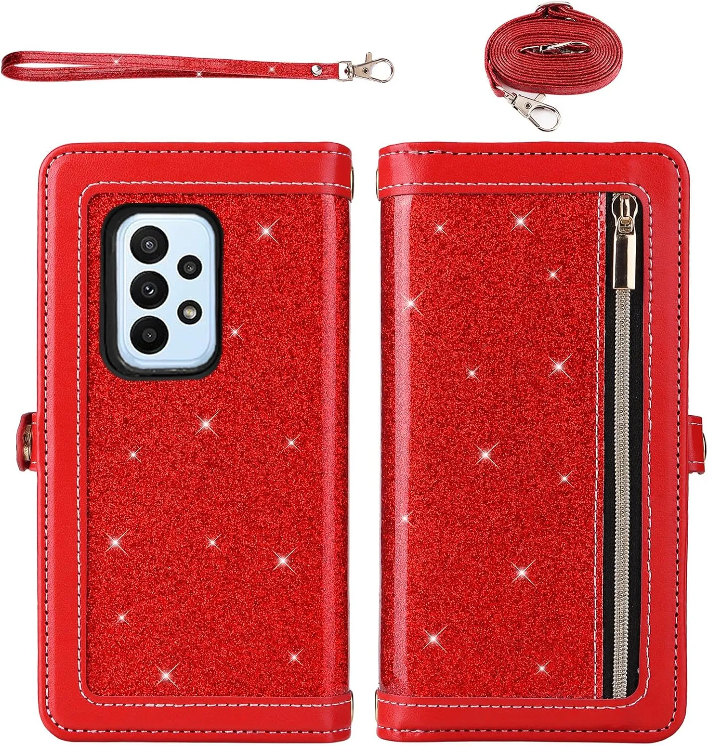 Asuwish Phone Case for Samsung Galaxy A23 5G/4G Zipper Wallet Detachable Cell Cover with Tempered Glass Screen Protector Crossbody Lanyard Strap Bling Glitter Flip Card Holder A 23 23A 6.6 Women Red