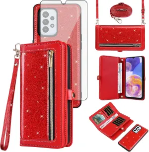 Asuwish Phone Case for Samsung Galaxy A23 5G/4G Zipper Wallet Detachable Cell Cover with Tempered Glass Screen Protector Crossbody Lanyard Strap Bling Glitter Flip Card Holder A 23 23A 6.6 Women Red