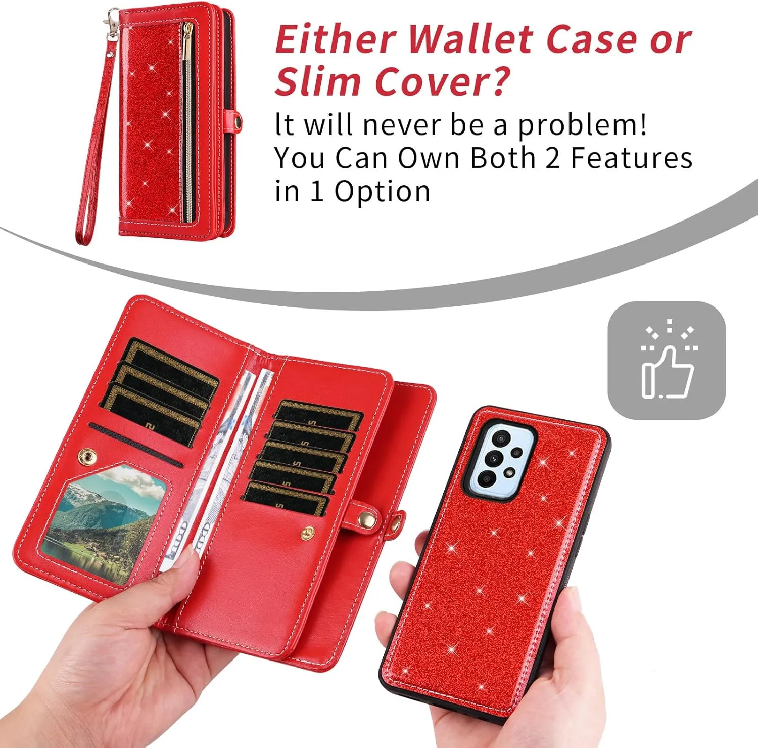 Asuwish Phone Case for Samsung Galaxy A23 5G/4G Zipper Wallet Detachable Cell Cover with Tempered Glass Screen Protector Crossbody Lanyard Strap Bling Glitter Flip Card Holder A 23 23A 6.6 Women Red