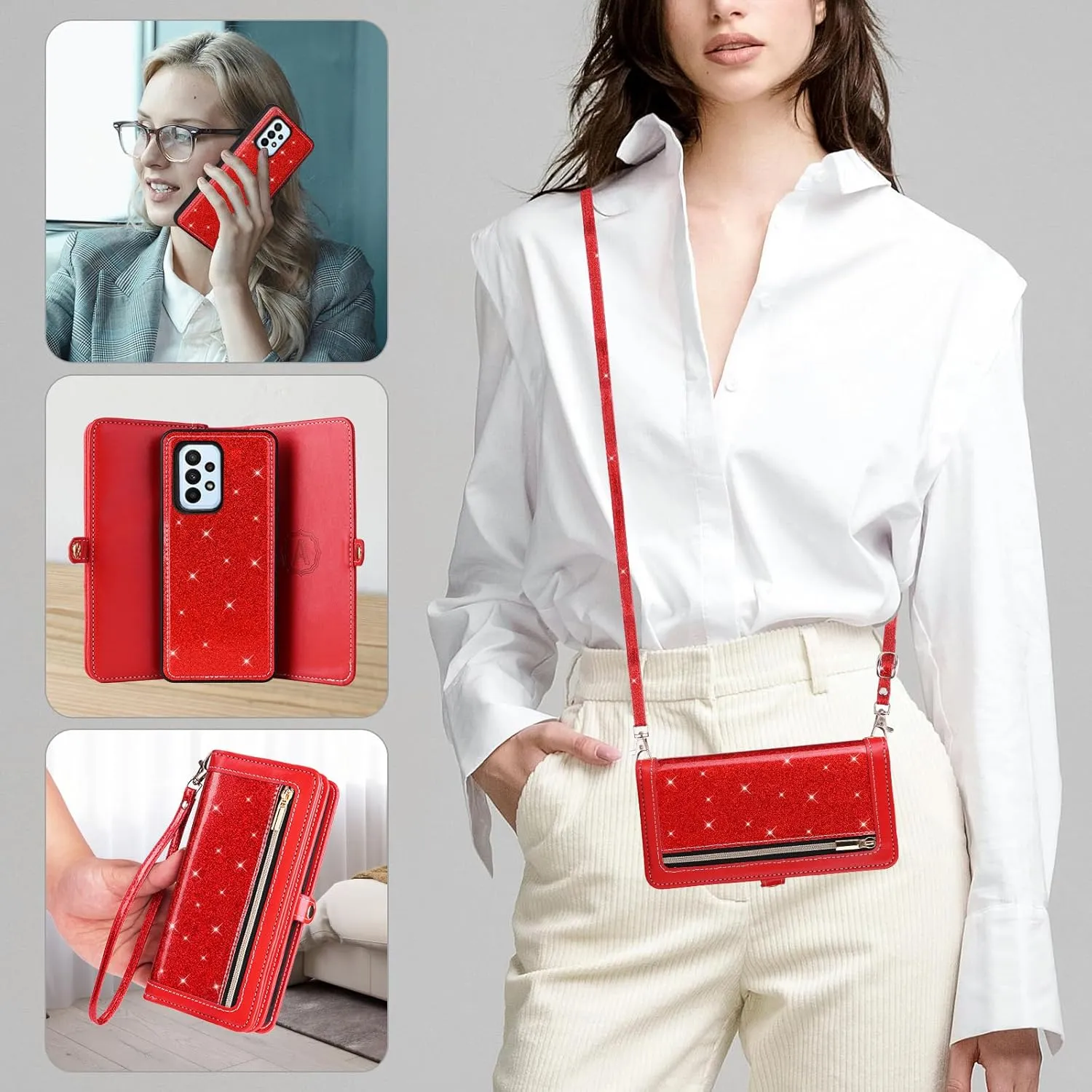 Asuwish Phone Case for Samsung Galaxy A23 5G/4G Zipper Wallet Detachable Cell Cover with Tempered Glass Screen Protector Crossbody Lanyard Strap Bling Glitter Flip Card Holder A 23 23A 6.6 Women Red